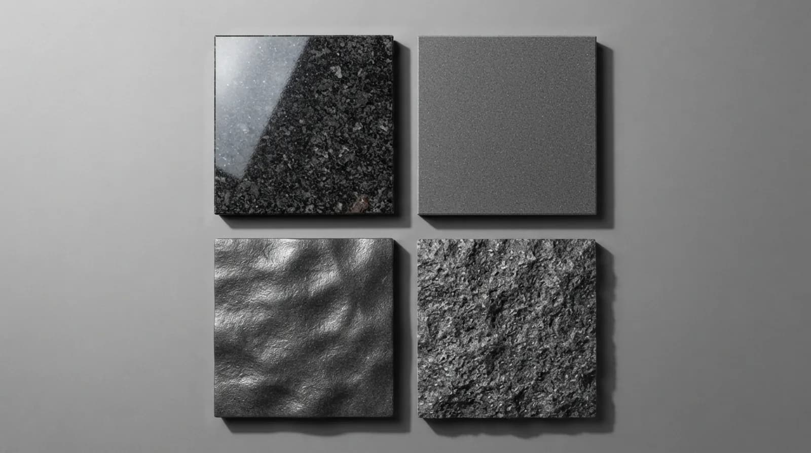 Four samples of the same dark granite with polished, honed, leathered and flamed finishes under raking light