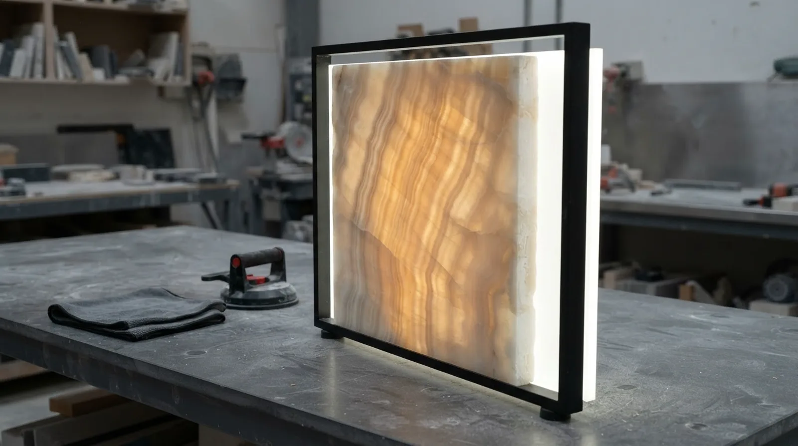 Translucent onyx panel in a black aluminium frame lit from behind by an LED sheet on a workshop bench