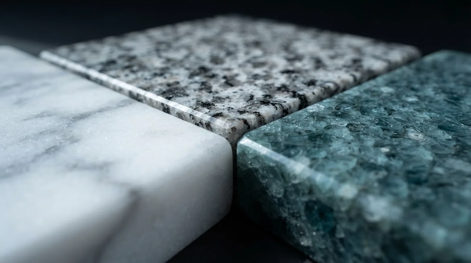 Macro photograph of three polished stone surfaces meeting: marble vein, granite crystal mosaic and fused quartzite grain
