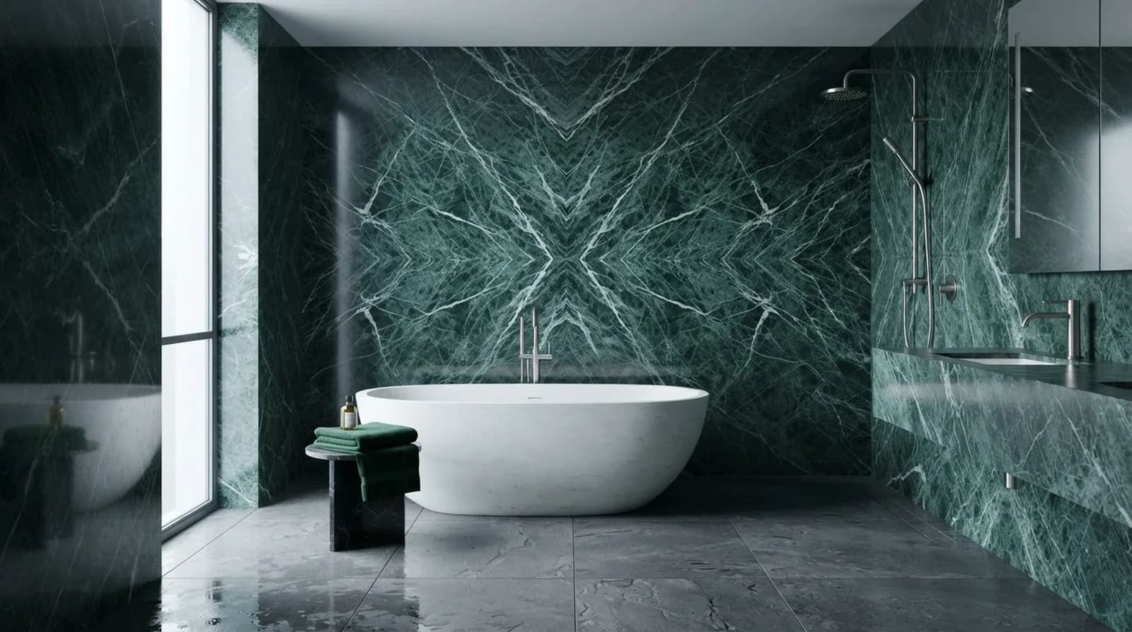 Bathroom clad in book-matched deep green Verde Guatemala marble with a white freestanding bath